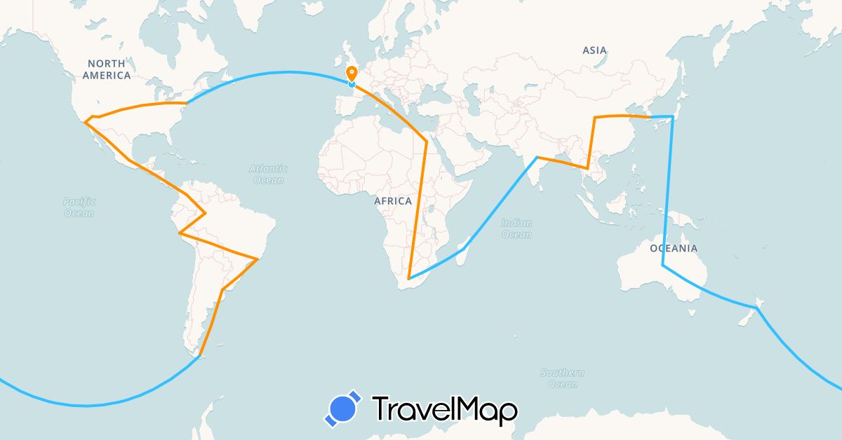 TravelMap itinerary: driving, boat, hitchhiking in Argentina, Australia, Bolivia, Brazil, China, Colombia, Egypt, France, India, South Korea, Madagascar, Mexico, New Zealand, Peru, Thailand, United States, South Africa (Africa, Asia, Europe, North America, Oceania, South America)